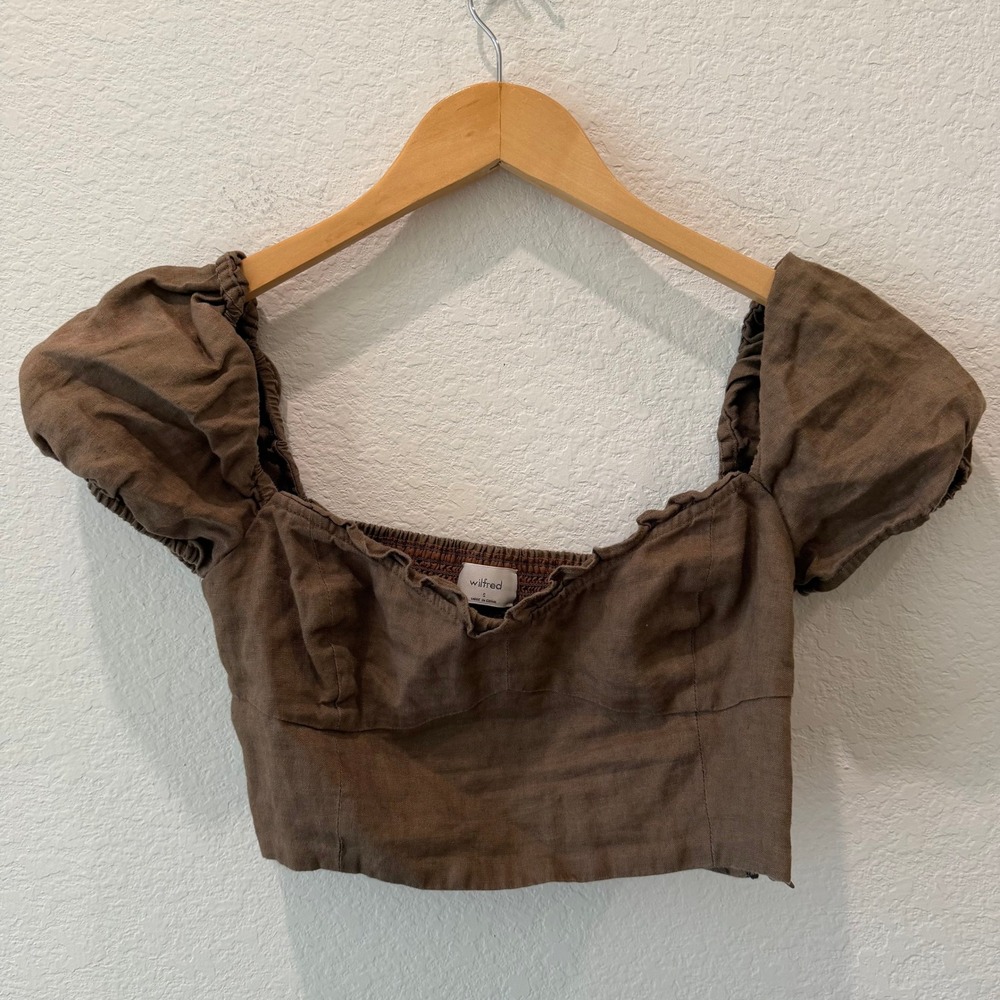 Wilfred‎ Aritzia Brown Linen Puff Sleeve Smocked Crop Top Women Small